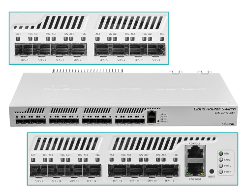 CRS317-1G-16S+RM MIKROTIK Enrutador con 16 puertos SFP/SFP+ 10G, 1 puerto Gigabit, consola, licencia L6 y doble fuente de alimentación, requiere cables C13