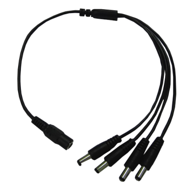 DCJ4P Divisor negro de 1 conector DC hembra a 4 DC macho 5,5x2,1mm con largo de 11mm y cables de 16cm+16cm