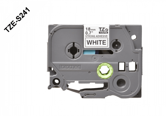 TZE-S241 Cartucho de cinta BROTHER de 18 mm con impresión negra sobre fondo blanco, longitud de 8 metros, compatible con PT-E300VP y adhesivo reforzado