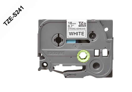 TZE-S241 Cartucho de cinta BROTHER de 18 mm con impresión negra sobre fondo blanco, longitud de 8 metros, compatible con PT-E300VP y adhesivo reforzado