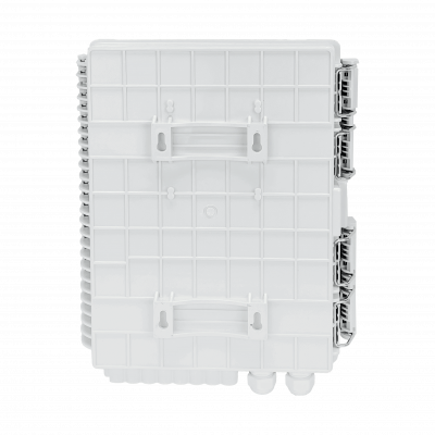 BOX-16 Caja de Fibra Óptica NAP Blanca para 16 Fusiones Rectangulares con 2 Entradas de Estopa, Grado de Protección IP65, Incluye Llave y Requiere Acopladores