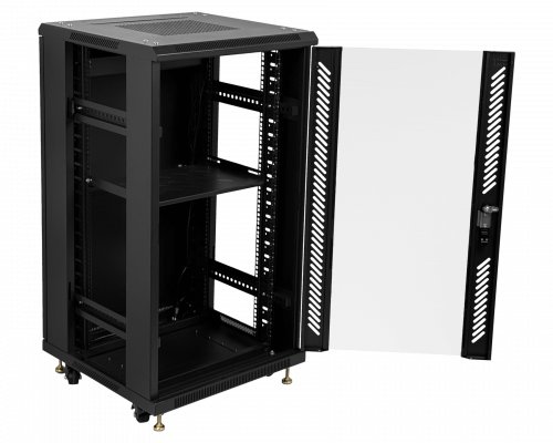 RK22-6LD LINKMADE Gabinete rack desarmable 22U con puerta de vidrio, 60cm de fondo, ventilador y PDU, 3 cajas