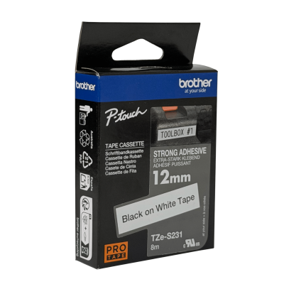 TZE-231 BROTHER 12mm Negro sobre Fondo Blanco Cinta 8mt para PT-H110/E300/E550