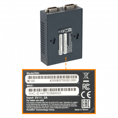 MG-120 PLANET 1 Puerto 100Base-TX 2 DB9-Macho Modbus RS232 RS422 RS485 5VDC Transceptor Ethernet