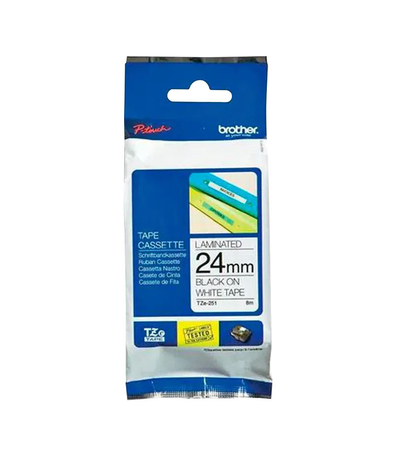 TZE-251 BROTHER 24mm Negro en Fondo Blanco Cinta 8mt p/PT-E550WVP/D600VP/P900W