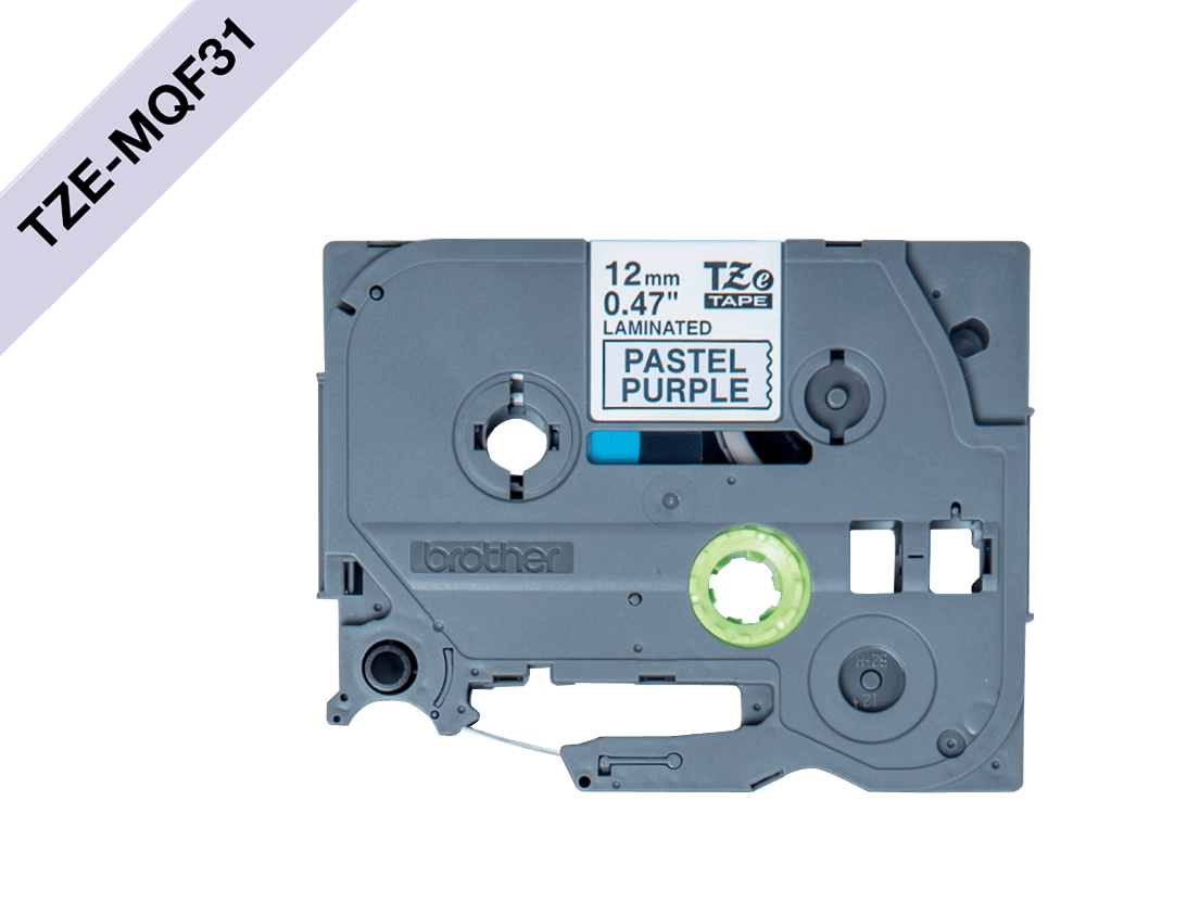 TZE-MQF31 BROTHER Cinta laminada de 12 mm, impresión negra sobre fondo color mora pastel, longitud de 4 metros, compatible con equipos PT-H110, E110 y H200