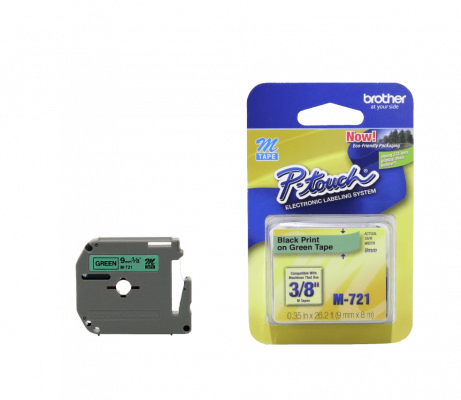 M721 BROTHER Cinta de 9mm Impresión Negra sobre Base Verde rollo 8mt compatible con PT-90