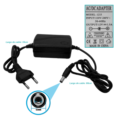 FONU-CC 2-Cables Plug-5,5x2,5mm 12V 1,5A 18W Plastica interior Fuente Poder