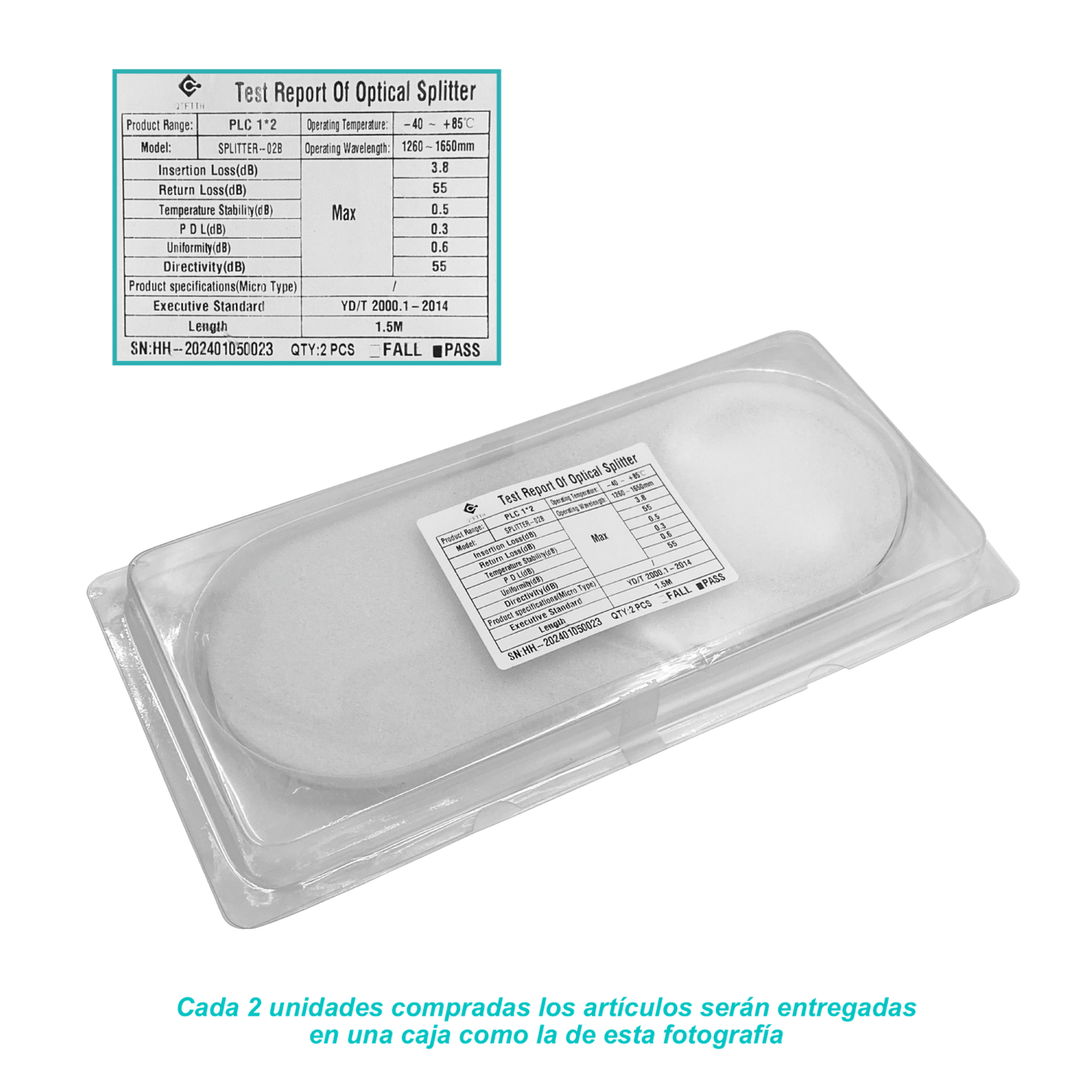 SPLITTER-02B Divisor óptico 1x2 sin conectores para redes EPON/GPON, longitud 1,5m, requiere empalme por fusión, rango 1260-1650nm