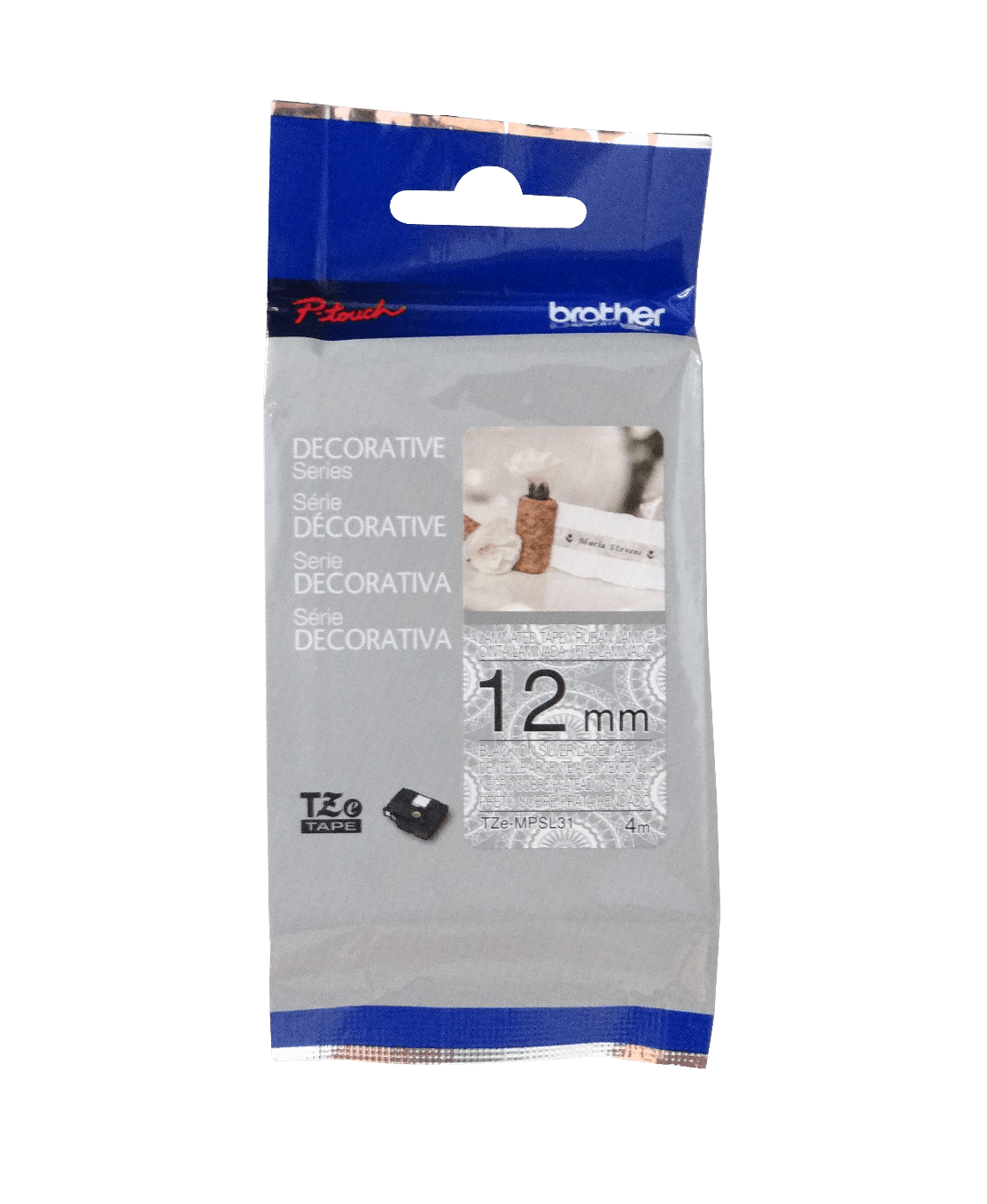 TZE-MPSL31 Cinta de Etiquetas BROTHER 12mm Texto Negro sobre Base Plateada 4 Metros para PT-H110/E300