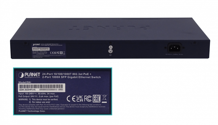 GSW-2620HP Switch PLANET no administrable de 24 puertos 10/100/1000, PoE 48V af/at, 220W totales, 2 ranuras SFP, montaje en Rack
