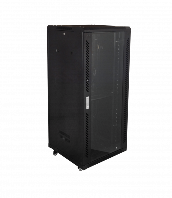RK27-6L LINKMADE Armario Rack de Vidrio 27U con 600mm de Fondo, Turbina, PDU y Bandeja en Negro