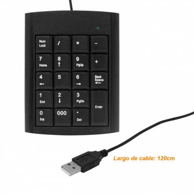 GENPAD Teclado Numérico con conexión USB tipo A de 19 botones, dimensiones 140x100x15mm y cable integrado de 120cm
