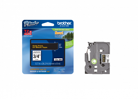 TZE-344 BROTHER 18mm Dorado sobre Negro Cinta 8 metros para PT-E300/E550/D600