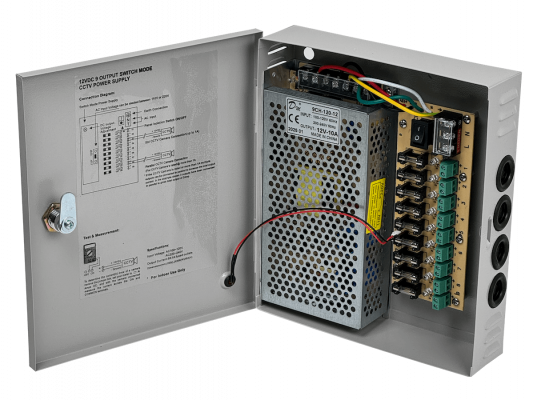 F12-10T Fuente de Alimentación 120W 12VDC 10A 9-Canales Gabinete con Llave Indicador Luminoso 100-240VAC
