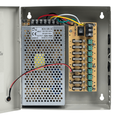 F12-10T Fuente de Alimentación 120W 12VDC 10A 9-Canales Gabinete con Llave Indicador Luminoso 100-240VAC