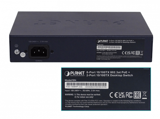 FSD-1008HP PLANET 10-100(8-PoE+af/at) 120W-tot Conmutador no-Gestionable Rack-10p Rack-19p