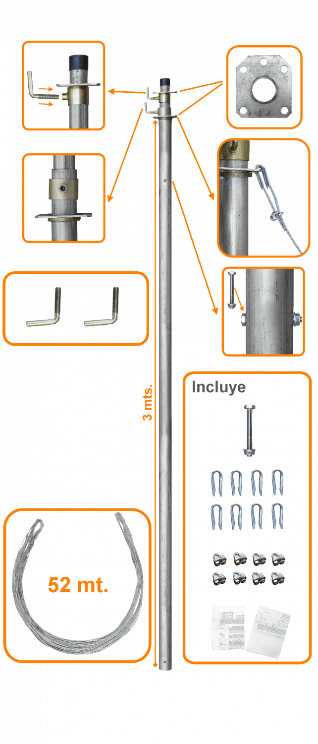 MAST-20 LINKMADE Mástil Telescópico de 20 pies (6 metros) con Tensores 2-Tubos-de-3m