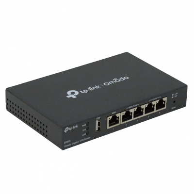 ER605 Router Omada TP-LINK con puertos WAN/LAN de 5 a 1000 Mbps y puerto USB para WAN, incluye fuente de alimentación de 12V/1A