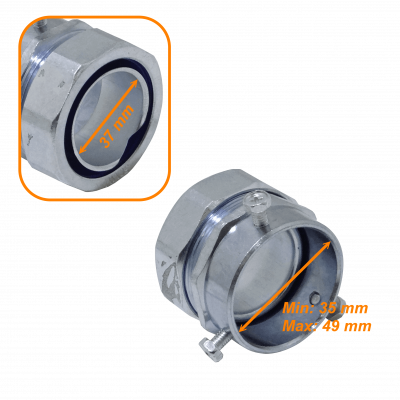 MEMT50 Adaptador Metálico de Unión EMT a Tubería Flexible de 50mm, Rango 35-49mm a 37mm