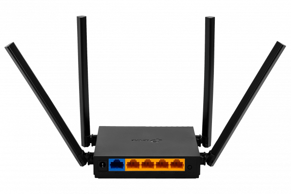 C50 Router TP-LINK AC1200 con velocidad de 867 Mbps en banda de 5 GHz y 300 Mbps en banda de 2.4 GHz equipado con 4 antenas fijas, 4 puertos de 100 Mbps y 1 puerto WAN