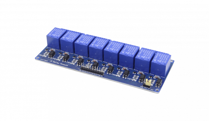 RELE-8X5 Placa de 8 Relés JQC-3FF-S-Z de 5VCC con 6 Pines, Contactos NC/NA, Indicador LED y Acoplamiento Óptico