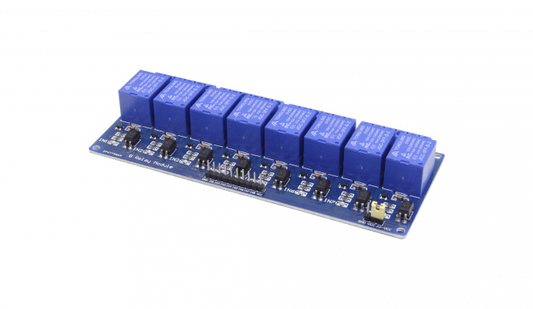 RELE-8X5 Placa de 8 Relés JQC-3FF-S-Z de 5VCC con 6 Pines, Contactos NC/NA, Indicador LED y Acoplamiento Óptico