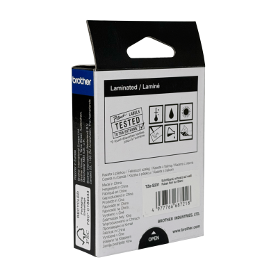 TZE-231 BROTHER 12mm Negro sobre Fondo Blanco Cinta 8mt para PT-H110/E300/E550