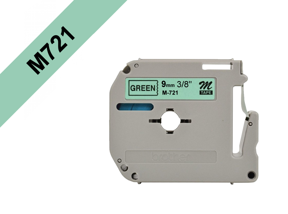M721 BROTHER Cinta de 9mm Impresión Negra sobre Base Verde rollo 8mt compatible con PT-90