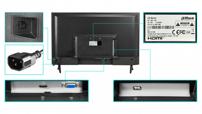 LM32 DAHUA Pantalla profesional de 32 pulgadas con resolución Full HD 1920x1080, entradas HDMI, VGA y USB, alimentación 100-240Vac