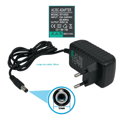 F5-2C Fuente de alimentación conmutada 5V 2A, clavija 5,5x2,5mm, entrada 100-240VAC, cable de 90cm