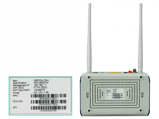 WK-3800CW WOLCK Terminal de Red Óptica XPON con CATV, RJ11, WiFi 2.4GHz, LAN 1-1000/1-100, PON-SC/APC-SM, incluye Fuente 12V