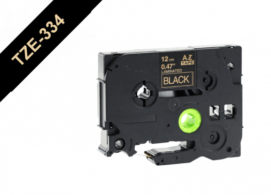 TZE-334 BROTHER 12mm Dorado sobre Base Negra Cinta 8mt para PT-H110/E300/E550/D600