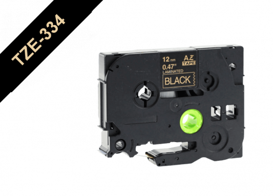 TZE-334 BROTHER 12mm Dorado sobre Base Negra Cinta 8mt para PT-H110/E300/E550/D600