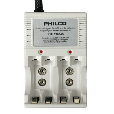 CARGADOR-9A. PHILCO Cargador 2-Pila-9V o 4-Pilas-AA/AAA inc-4-pilas Recargable