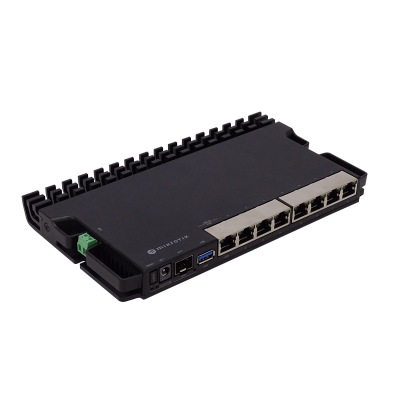 RB5009UG+S+IN Router MIKROTIK HomeLab con 7 puertos 1000Mbps, 1 puerto 2500Mbps, 1 SFP+ 10G, USB, Licencia 5, PoE In, Jack DC y 2 pines DC