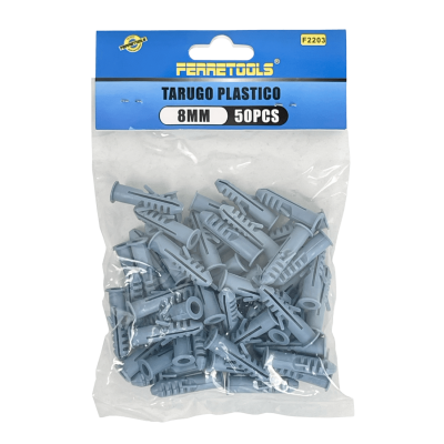 TARUGO-8MM FERRETOOLS Taco Plástico PE Gris 8x40mm con Tornillo 5x40, Caja de 50 Unidades