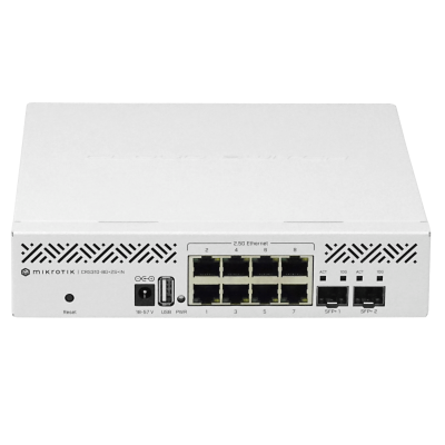 CRS310-8G+2S+IN MIKROTIK Switch de administración en rack, 8 puertos 2.5G, 2 SFP+ 10G, USB-A, conector DC, licencia L5, incluye adaptador 24V