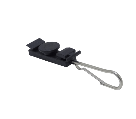 FTTH-DROP Gancho Metálico 77x25x4mm Sujeción Plástica 67x28x17mm p/Cable Fibra Drop