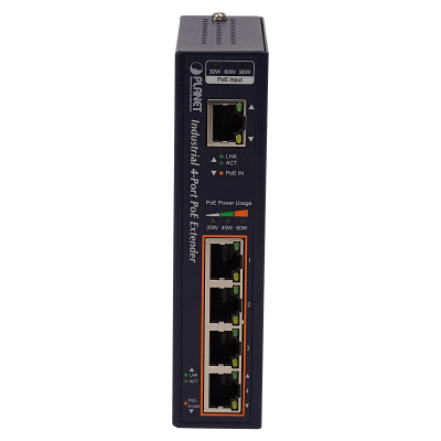 IPOE-E174 PLANET Extensor industrial para riel DIN con switch 5 puertos 10/100/1000, entrada 60W y 4 salidas PoE af/at