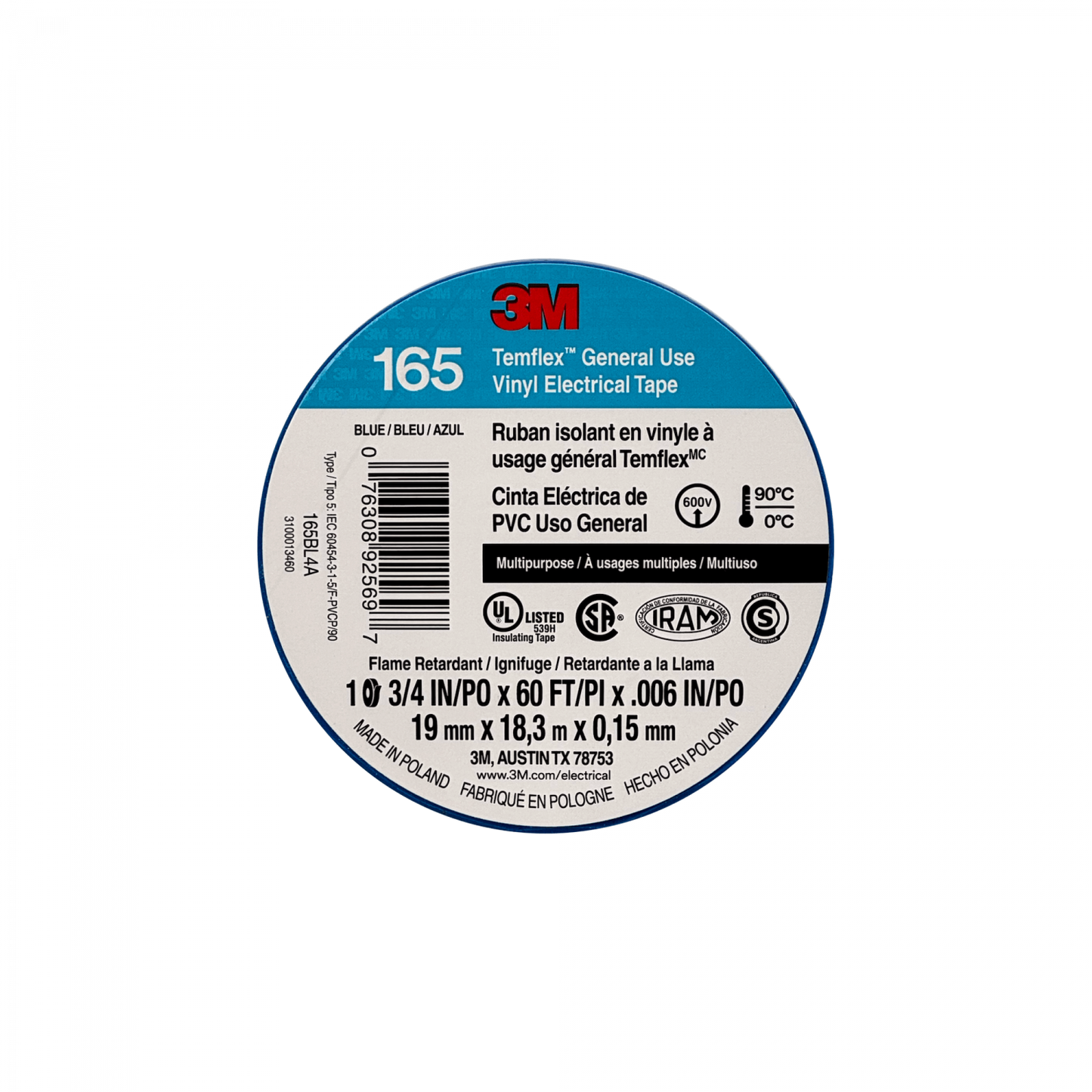 TEMFLEX-18A 3M 18 metros 165 Azul Cinta Aislante Eléctrica PVC 19mm 0,15mm 600V 0-90ºC