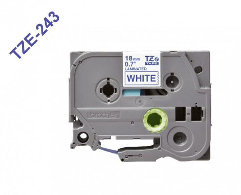 TZE-243 BROTHER Cartucho de cinta laminada de 18mm con texto azul sobre fondo blanco, longitud de 8 metros, compatible con equipos PT-E300VP, D600VP y E550W
