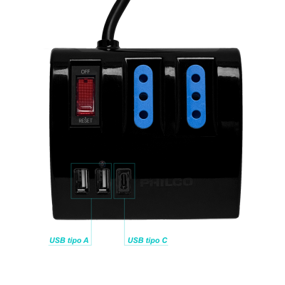 2044N PHILCO Negro Alargador 1,5mt 3-enchufes 2-USB5V 1-USB-C 15W 10A-250V