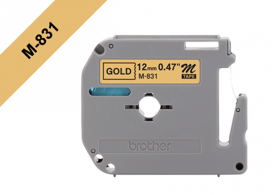 M831 BROTHER Cinta de 12mm Negra sobre Base Dorada de 8 metros para PT-90