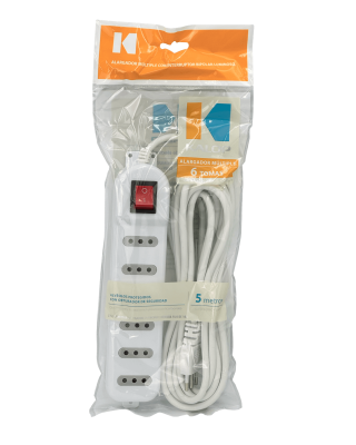 ELG-65K KALOP 5 metros 6-Tomas Prolongador Color Blanco 10A Regleta con Luz-Testigo Interruptor KL50234