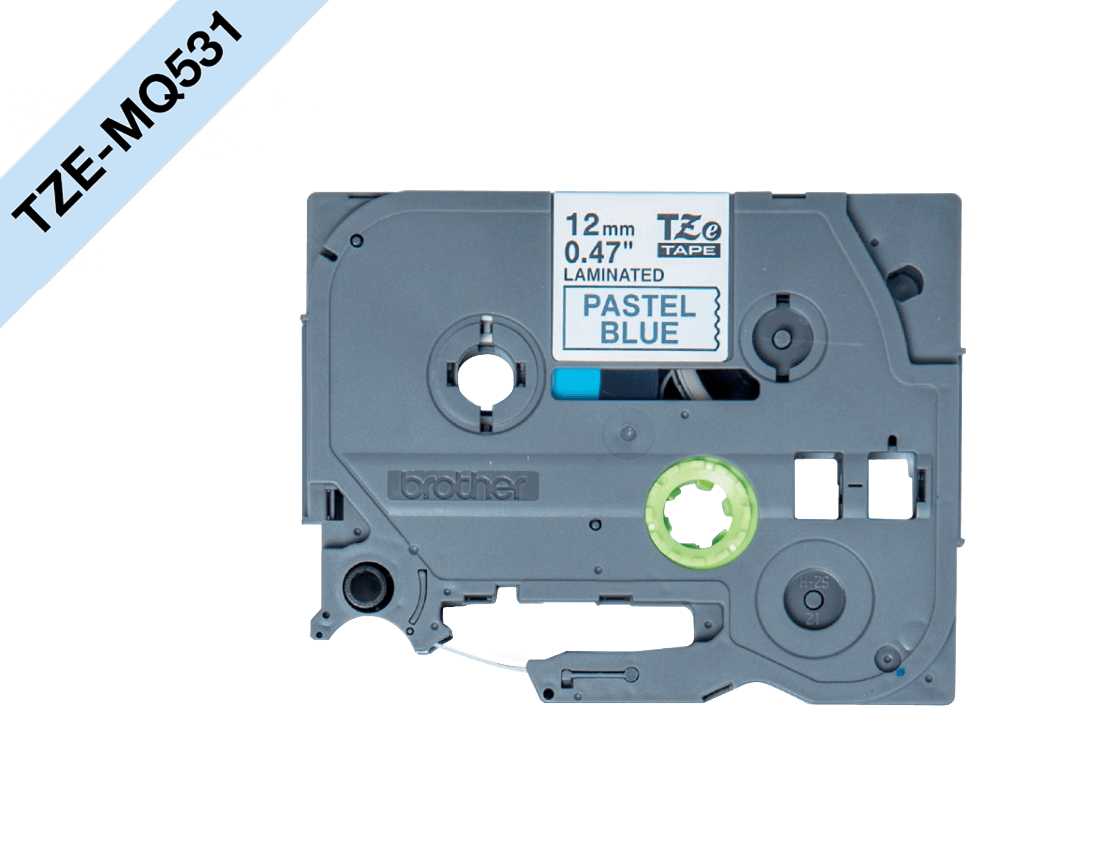 TZE-MQ531 BROTHER 12mm Negro sobre Fondo Azul Pastel Cinta 4m para PT-H110/E110/H200