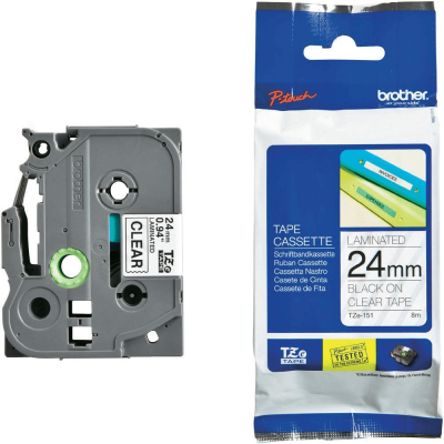 TZE-151 Cinta compatible BROTHER 24mm impresión negra sobre fondo transparente largo 8m para equipos PT-E550WVP/D600VP