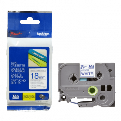 TZE-243 BROTHER Cartucho de cinta laminada de 18mm con texto azul sobre fondo blanco, longitud de 8 metros, compatible con equipos PT-E300VP, D600VP y E550W