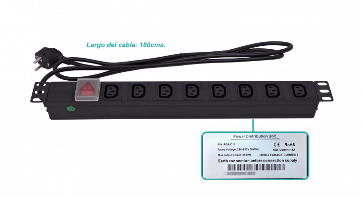 RG8-C13 Unidad de Distribución 8-Tomas-C13 Enchufe-Schuko-16A Rack-1U Interruptor Luminoso