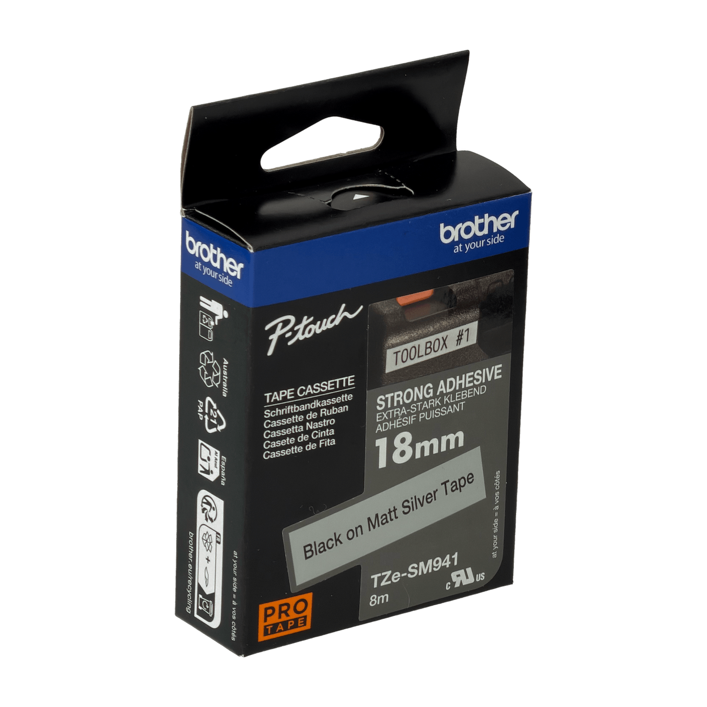 TZE-S941 BROTHER 18mm Negro en Fondo Plateado Cinta 8mt p/PT-E300/E550/D600